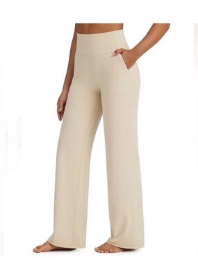 G4Free BareFeel Wide Leg High Waisted Yoga Dress Pants Khaki M